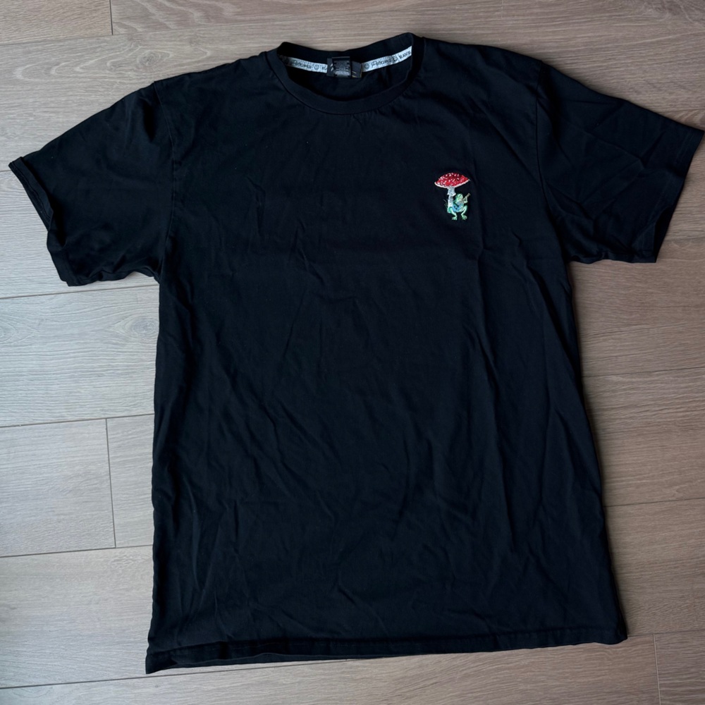 Black T-Shirt with Embroidered Frog Mushroom Logo